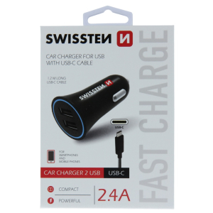 SWISSTEN CAR CHARGER, 2xUSB + USB-C KABEL