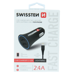 SWISSTEN CAR CHARGER, 2xUSB + LIGHTNING KABEL