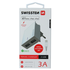 SWISSTEN CHARGER, 2x USB 3A + Lightning kabel MFI 1,2 M