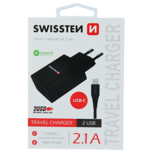 SWISSTEN TRAVEL CHARGER, 2xUSB + USB-C Kabel 1,2 M
