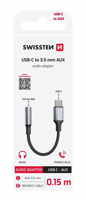 Swissten Hörlursadapter, USB-C-3,5 mm hona, 15cm, Svart